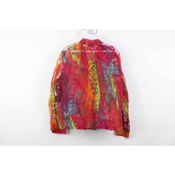 Vintage 90s Y2K Babydoll Womens Large Flax Blend Sheer Rainbow Flower Jacket - Picture 12 of 14